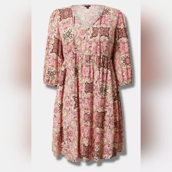 TORRID Mini Washable Long-Sleeve Gauze Tunic Dress in Medallion Pink, Size Large - Picture 5 of 12